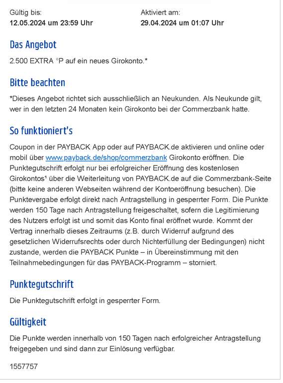 [Commerzbank + Payback] 3.000 Punkte (30€) + 50€ Startguthaben für Eröffnung Giro, Apple-/Google-Pay; Neukunden, personalisiert
