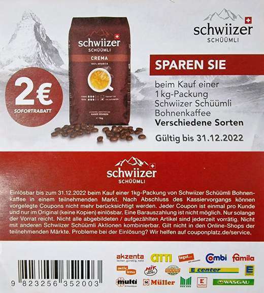 Schwiizer Schüümli Bohnenkaffee versch. Sorten 1 kg für 6,88 € (Angebot + Coupon) [HIT]