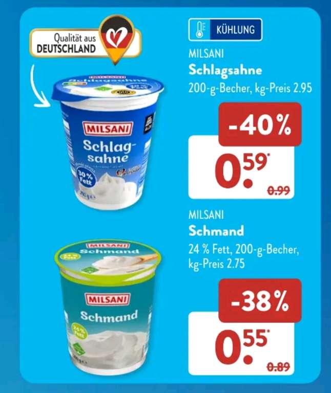 [Aldi Süd ab 23.10.] Schlagsahne für 0,59 €, H-Milch 1,5 % für 0,79 € oder 3,5 % für 0,85 €