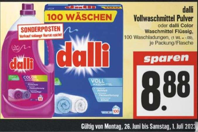 Edeka Hessenring:100 WL dalli Vollwaschmittel -Pulver- oder 100WL dalli Color -Flüssig- / ab 26.06.23
