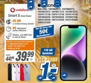 [lokal] expert Bochum/Beckum/Bottrop/Brilon/Soest/Oelde - Vodafone Smart S 45GB (Young: 60GB) - Iphone 14 128 GB - 39,99€/Monat