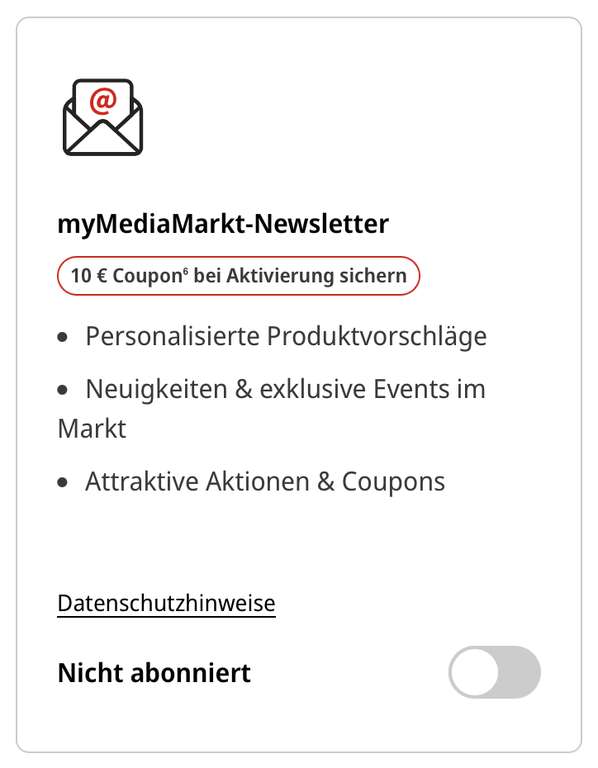 [myMediaMarkt & mySaturn] 10€ Coupon bei Aktivierung des myMediaMarkt- bzw. mySaturn-Newsletters (50€ MBW)