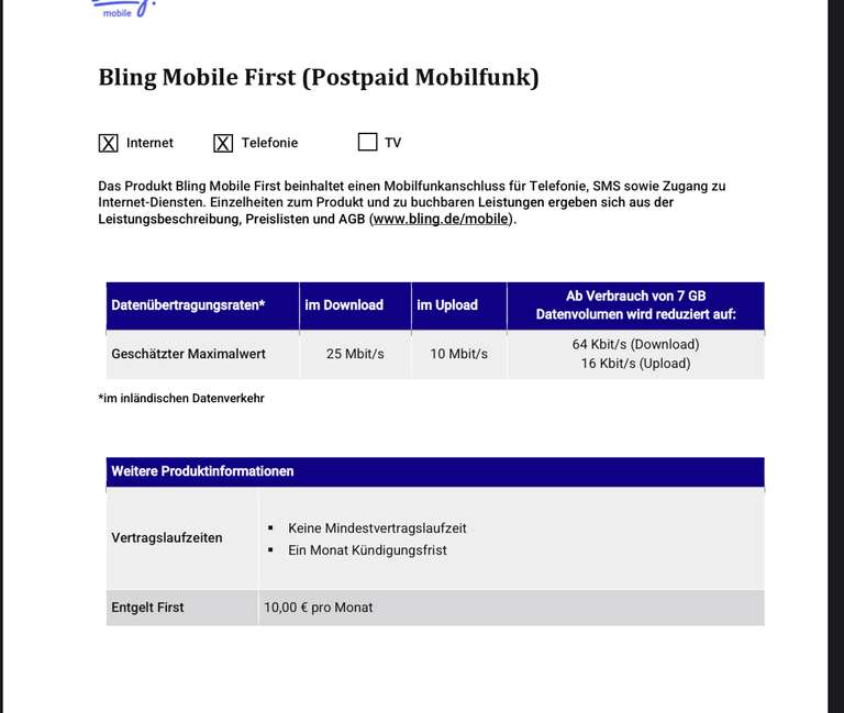 Bling Mobile 25mbits Telekom Netz Familientarif bis zu 25 GB für 10€/Monat inkl. Schweiz