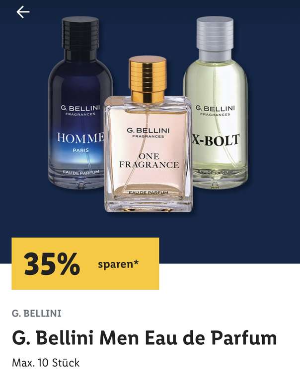 G. Bellini Men 35% Parfum [Lidl Plus] statt 4,99€ kommt man auf 3,24€