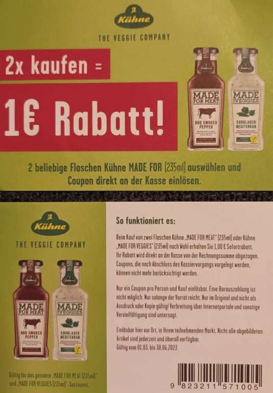 1€ Rabatt Coupon für den Kauf von 2 Flaschen Kühne "MADE FOR" 235ml-Saucen bis 30.06.2023