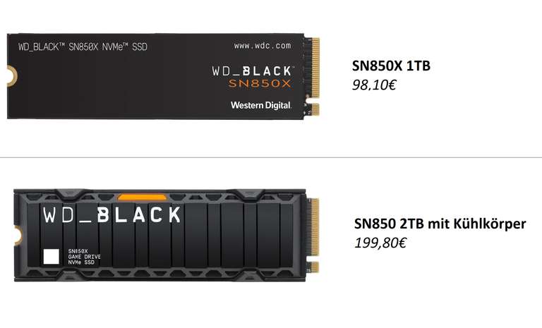 Western Digital SN850X 1TB für 98,10€ | SN850 2TB SSD mit Kühlkörper (PS5-kompatibel) für 199,80€