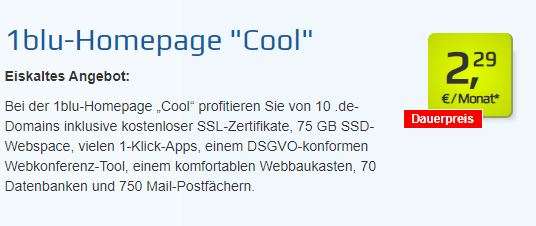 1blu-Homepage "cool" inkl. 10 .de Domains für dauerhaft 2,29€ pro Monat (6 Monate Laufzeit)