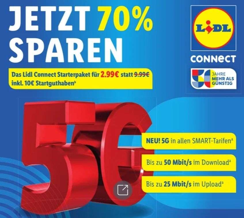 Lidl-Connect Prepaid 10€ mit mydealz 2,99€ für | Startguthaben Starterpaket
