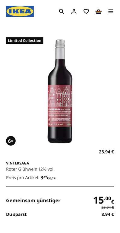 VINTERSAGA Roter Glühwein (6 Flaschen für 15€) IKEA (Tempelhof, Waltersdorf)
