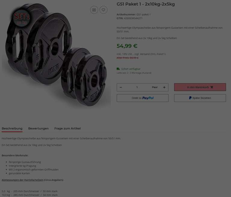 C.P. Sports 50mm-Hantelscheiben: 57kg Gusseisen gummiert für 118,99€ (jeweils + 4,99€ Versand) Alternativ: Gusseisen 2x10+2x5kg für 46,74€