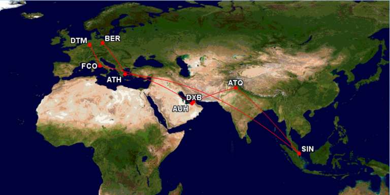 Billigflug Rundreise ohne Gepäck nach Rom, Arabische Emirate, Indien, Singapur