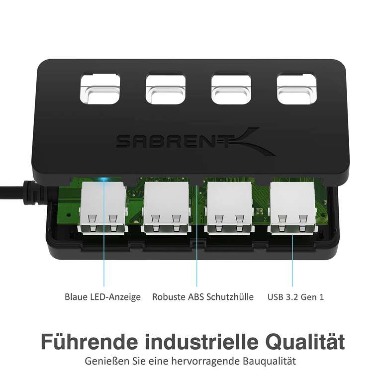 [Prime] SABRENT USB Hub 3.2 Gen1 (Modell HB-UM43), 4-Fach USB-Adapter mit Ein-/Ausschaltern