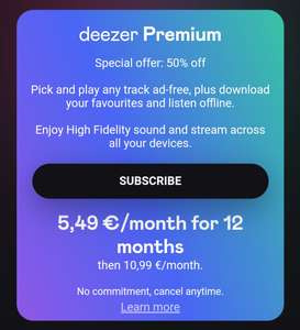 Deezer Premium für 5.49€ monatlich für die ersten 12 Monate (auch Bestandskunden)