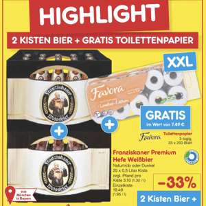 Franziskaner Hefe Weißbier 2 Kisten + Toilettenpapier 20 Rollen Favora 3lg. bei Netto in Bayern