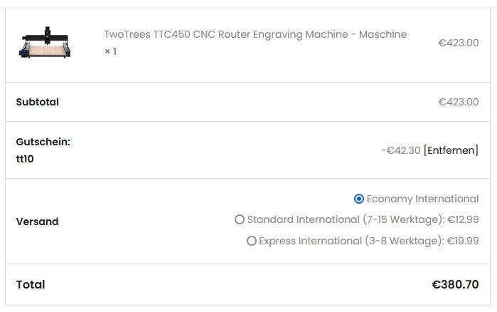 CNC Router TTC 450 mit 500w Spindel von TwoTrees inkl. Versand 14 Tage… (491,40 EUR), Update 10%