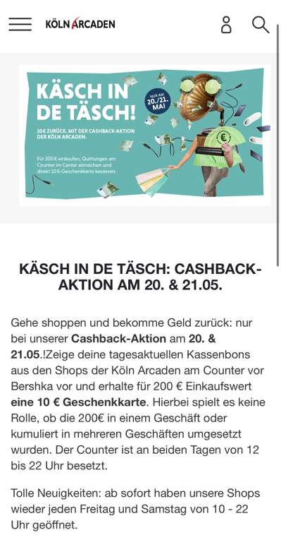 [Lokal Köln] Köln Arcaden Kalk 10€ Cashback bei 200€ Einkaufswert