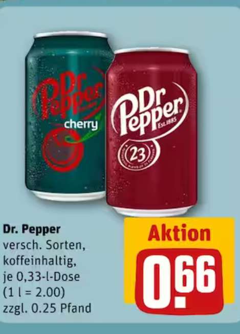 [Rewe] Dr. Pepper 0,33l Dose 0,66€ zzgl. 0,25€ Pfand (Lokal Bielefeld & Umgebung?)