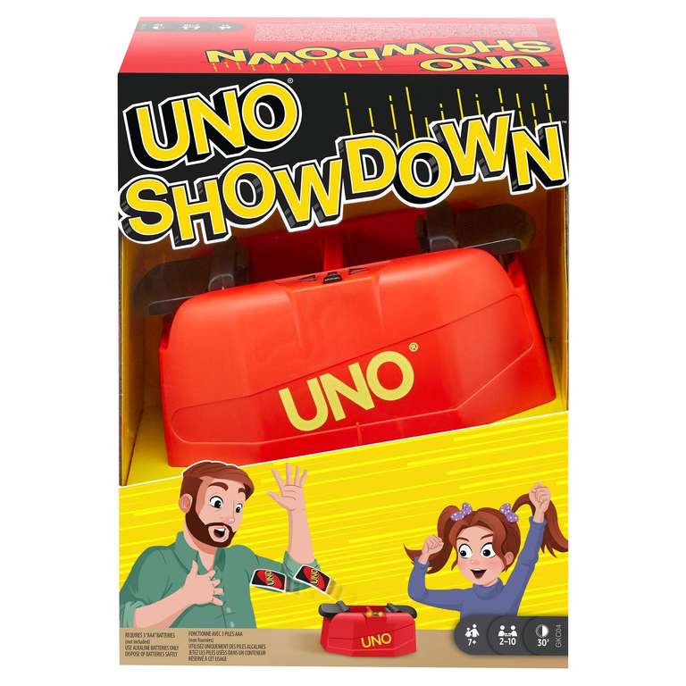 UNO Showdown - Beliebtes Kartenspiel mit Überraschungsangriffen aus dem Showdown Gerät, schnelle Reaktionen gefragt, ab 7 Jahren, [Prime]