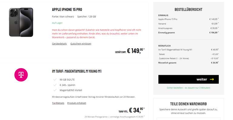 Telekom Netz, YOUNG + MagentaEins: Apple iPhone 15 Pro im Allnet/SMS Flat 90GB 5G/LTE für 34,95€/Monat, 196,89€ Zuzahlung