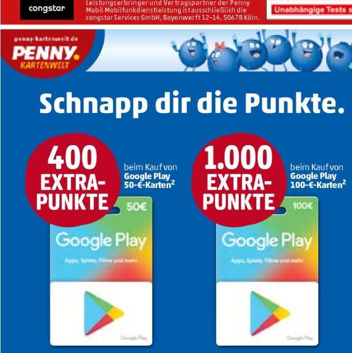 [Payback] 400 Extrapunkte für 50€ Google Play Guthabenkarten - 1000 Extrapunkte für 100€ bei Penny | gültig vom 20.02.23 bis 25.02.23