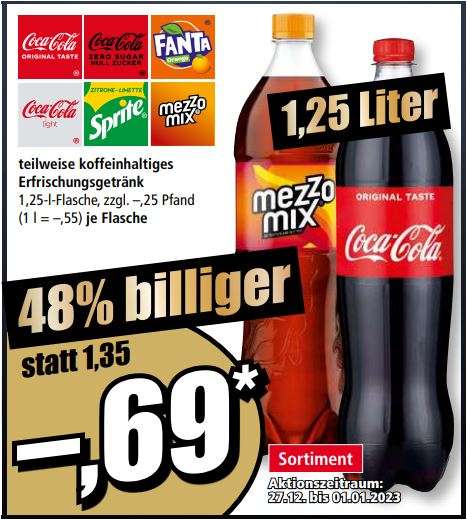 Coca-Cola (versch. Sorten), Mezzo Mix, Fanta, Sprite, die 1,25-l-Flasche für 69 Cent / XXL Lorenz Erdnuß Locken, Funny Chipsfrisch [Norma]
