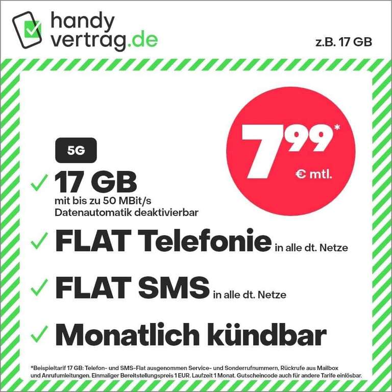 sim.de / handyvertrag.de | 17 GB 5G LTE +Allnet+SMS-Flat+VoLTE&WLAN Call für 7,99€/ mtl kündbar / nur 7,00€ AG | 10GB - 6,99€ | 5GB - 4,99€