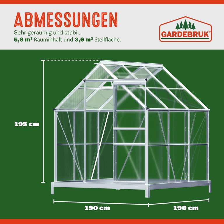 Gardebruk Aluminium Gewächshaus 3,6m² mit Fundament 190x190x195cm inkl. Dachfenster
