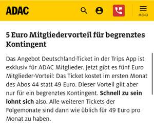 [ADAC App] Mitglieder 5€ Rabatt für das Deutschlandticket 44€ (im ersten Monat)