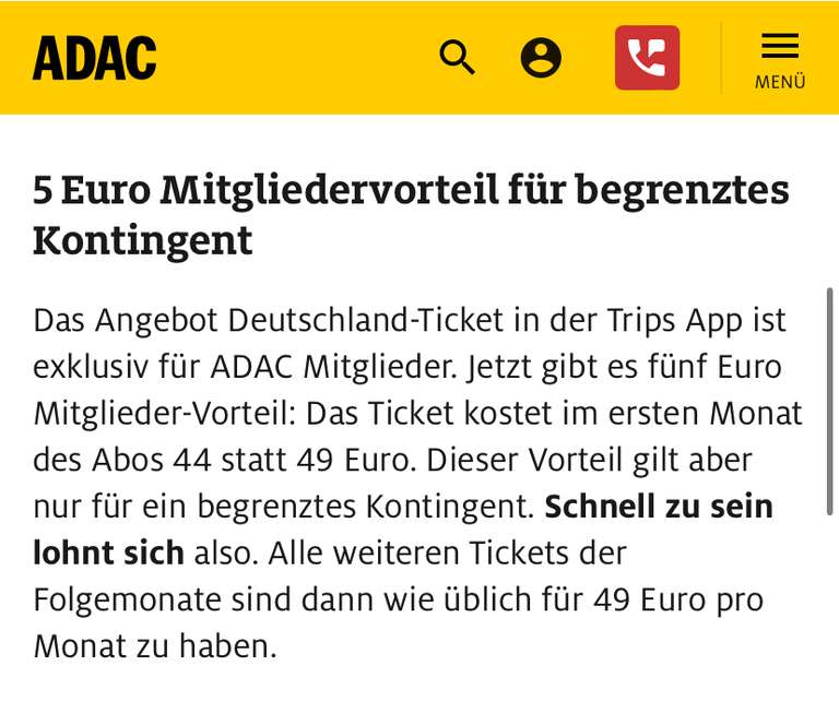 [ADAC App] Mitglieder 5€ Rabatt für das Deutschlandticket 44€ (im ersten Monat)