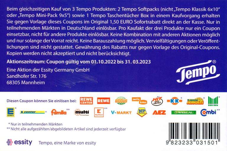 1,50€ Coupon für den Kauf von 2x Tempo Softpacks + 1x Tempo Box bis 31.03.2023