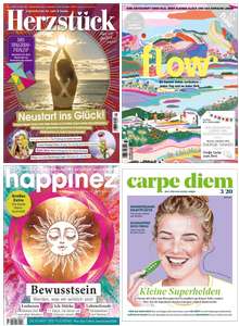 4 Zeitschriftenabos (Achtsamkeit & Mindfulness): Herzstück für 23,98 € | flow für 34,24 € | Happinez für 51,20 € mit 40 € Amazon-Gutschein