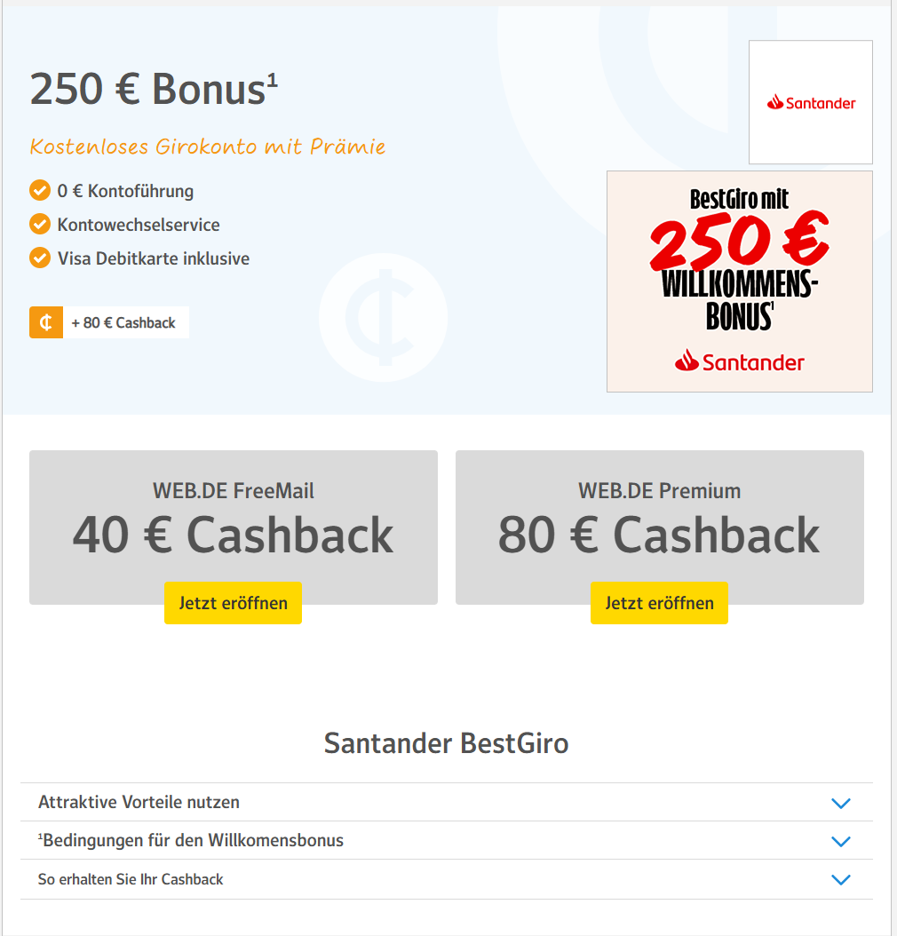 Santander Girokonto 250 € Prämie + bis zu 80 € Cashback von Web.de