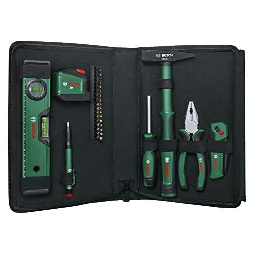 Bosch Universal-Handwerkzeug-Set, 25-teilig (vielseitiges Werkzeug-Set Klappmesser; Kombizange; Maßband; Wasserwaage und mehr)