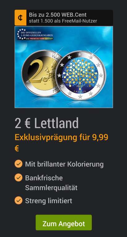 [nur MDM Neukunden! / webcents] 2€ Lettland Münze für 9,99 zzgl. 2,95€ VK und 2500 Punkte Gutschrift / 12,06€ Gewinn