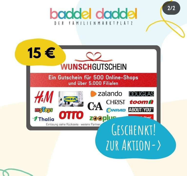15€ Wunschgutschein bei 15 eingestellten Artikeln bei Baddel Daddel