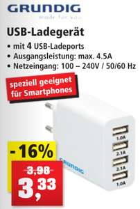 [Thomas Philipps] Grundig 4.5A USB Ladegerät mit 4 Anschlüssen (2 x 2.1A + 2 x 1,0A) für 3,33€ ab 19.06.2023