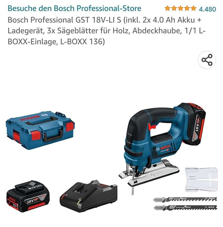 Amazon 40%+10% Rabatt: Bosch Professional GST 18V-LI S (inkl. 2x 4.0 Ah Akku + Ladegerät, 3x Sägeblätter, L-BOXX)