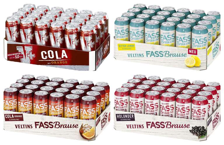 V+ Cola Biermischgetränk oder Veltins Fassbrause alkoholfrei, EINWEG (24 x 0.5 l Dose) | zzgl. 6€ Pfand [Prime Spar-Abo]