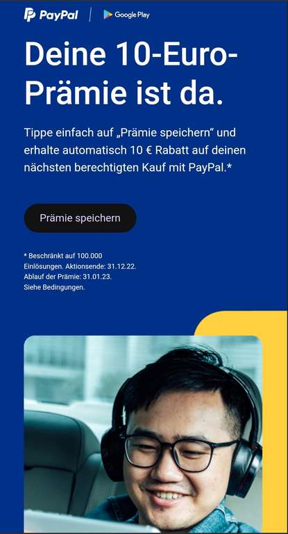 [Google Play Store] 10€ PayPal-Prämie nach ersten Einkauf über 5€ (personalisiert)