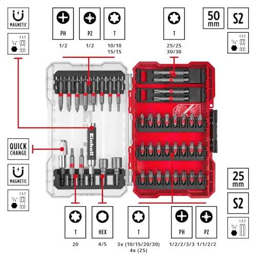 Original Einhell M-CASE 42-tlg. Bit-Set (Magnethalter, Steckschlüssel, Schnellwechselbithalter in Aufbewahrungsbox) für 9,99€ [Prime]