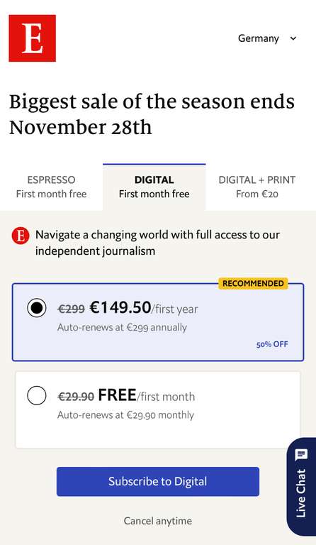 The Economist - Black Friday Angebot (50%) - 1, bzw 2 Jahre für 150€