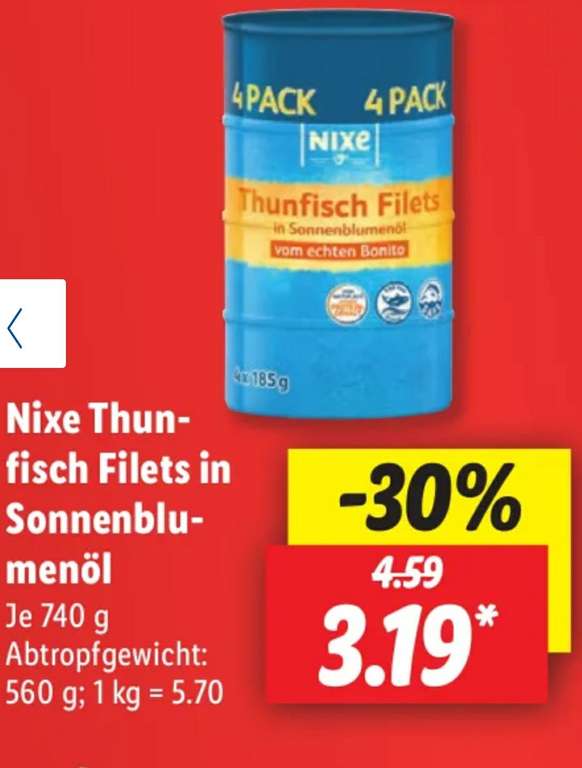 [LIDL] 4x Nixe Thunfisch Filets (185g Dose)