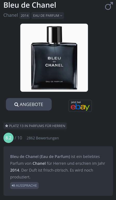 Chanel Bleu de Chanel Eau de Parfum 50ml 61,15€ / 150ml 113,35€ (Flaconi)