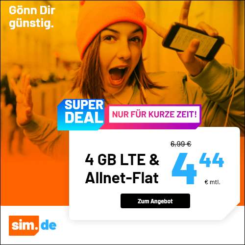 [SIM-Only Drillisch] 4GB LTE Datenvolumen + Telefon-Flat + VoLTE & WLAN Call für 4,44€ monatlich o. 8GB + Telefon-Flat für 7,99€