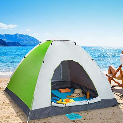 [Prime] Relaxdays Wurfzelt, Pop-Up Strandzelt mit Tragetasche, UV Schutz 50+, HxBxT: 145x180x180 cm, für 2-3 Personen, grün/grau