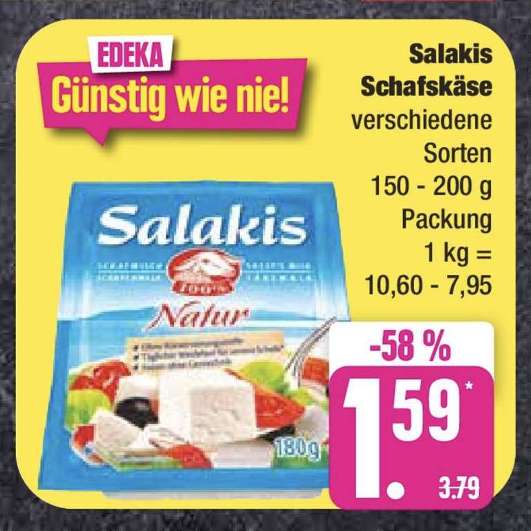 [EDEKA] Salakis Käse aus 100% Schafsmilch, div. Sorten, 150g-200g (ab 7,95€/kg)
