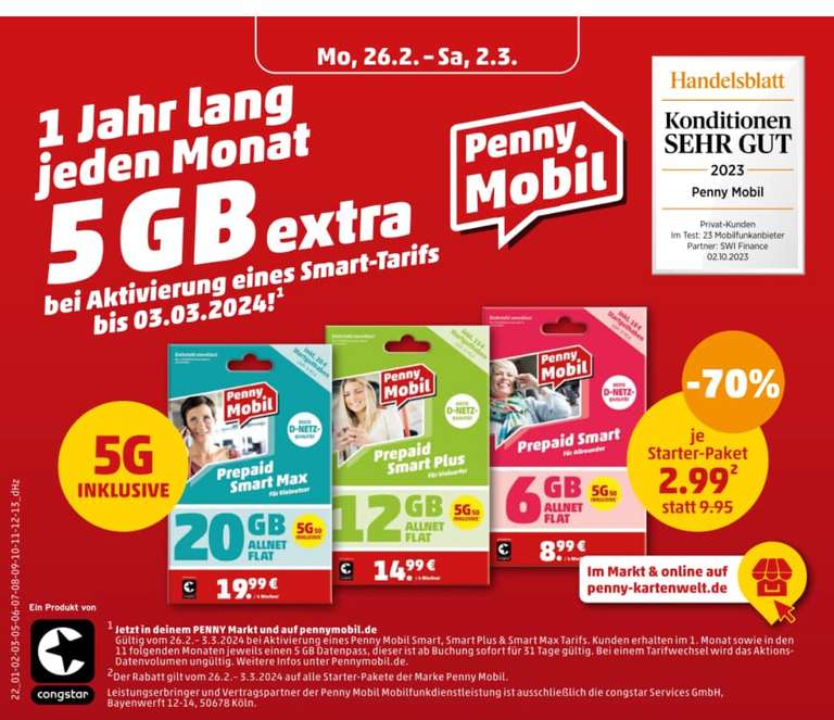 Telekom Netz Penny Mobil (congstar) Prepaid Starterpaket 2,99€ und 1 Jahr lang 5GB extra