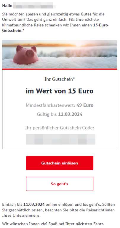 personalisiert 15€ DB Bahn Gutschein (MBW 49€)