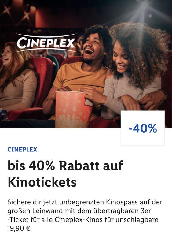 (Lidl Plus) Cineplex 3er Ticket- 3 Kinotickets für 19,90€ (übertragbar)