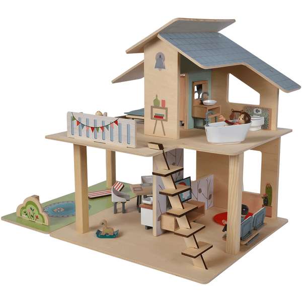 [babymarkt] Eichhorn - Puppenhaus mit Zubehör - inkl. Möbel und 3 Figuren, unmontiert, aus Holz, 25 teilig, 53x36x44 cm groß, ab 3 Jahren